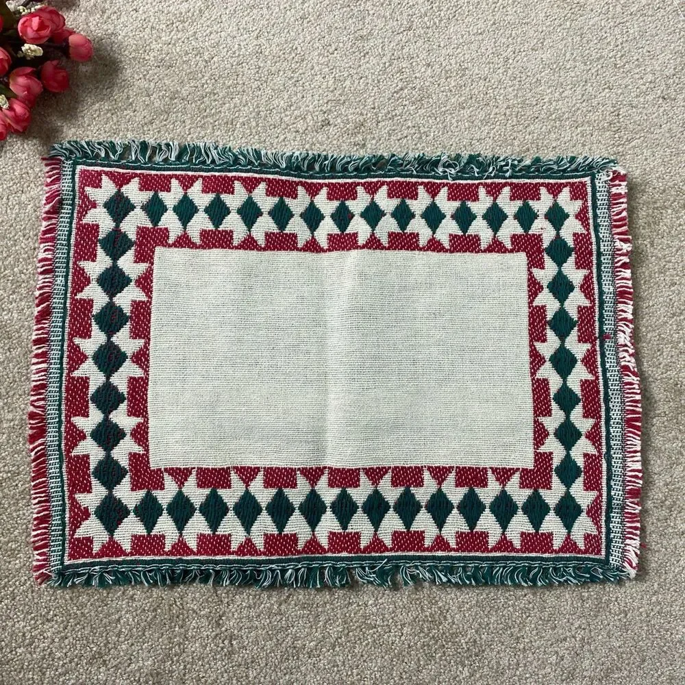 6‎ VTG Woven Decorative Placemats Red Green Geometric Fringe Boho Retro Rustic